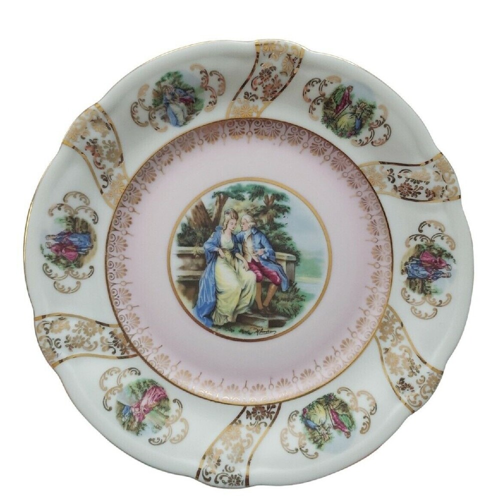 Bavaria Germany Decorative 8" Plate Victorian Courting Couple Gold Trim Vintage
